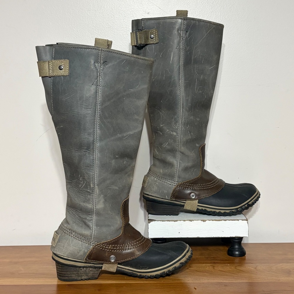 Sorel Slimboot Grey Brown Leather Tall Waterproof Winter Boots NL2007-051 6.5